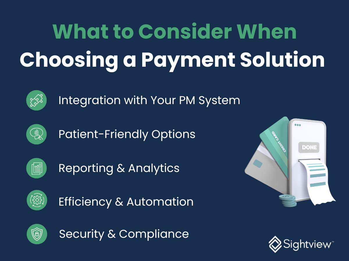 Graphic showing key considerations for choosing a payment solution in ophthalmology and optometry practices: security, integration, efficiency