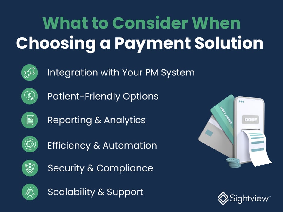 Graphic showing key considerations for choosing a payment solution in ophthalmology and optometry practices: security, integration, efficiency