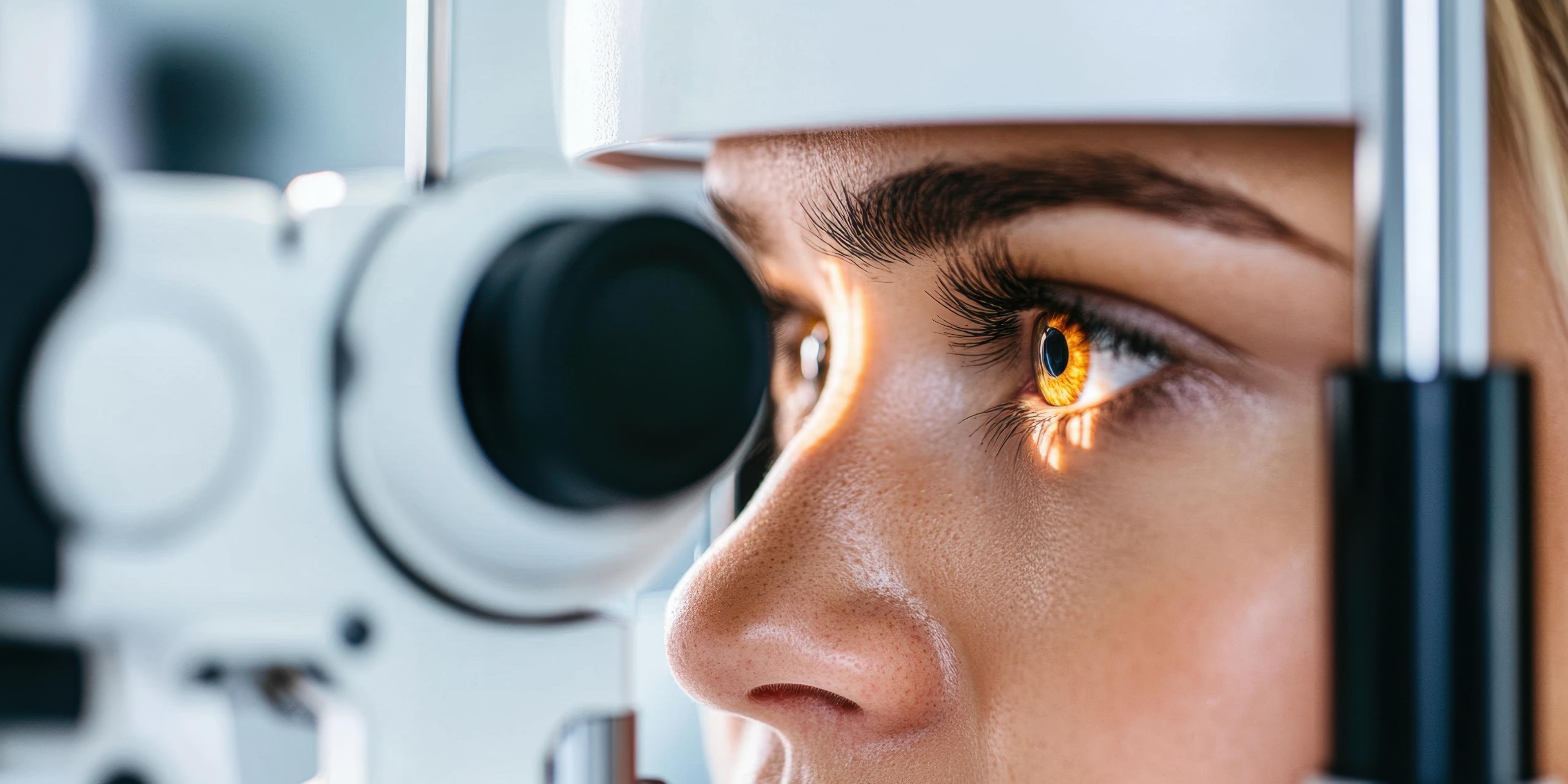 A woman undergoing an eye examination by an ophthalmologist using a slit lamp. Medical equipment, eye diagnostics, eye examination and ophthalmologic examination at the clinic.
